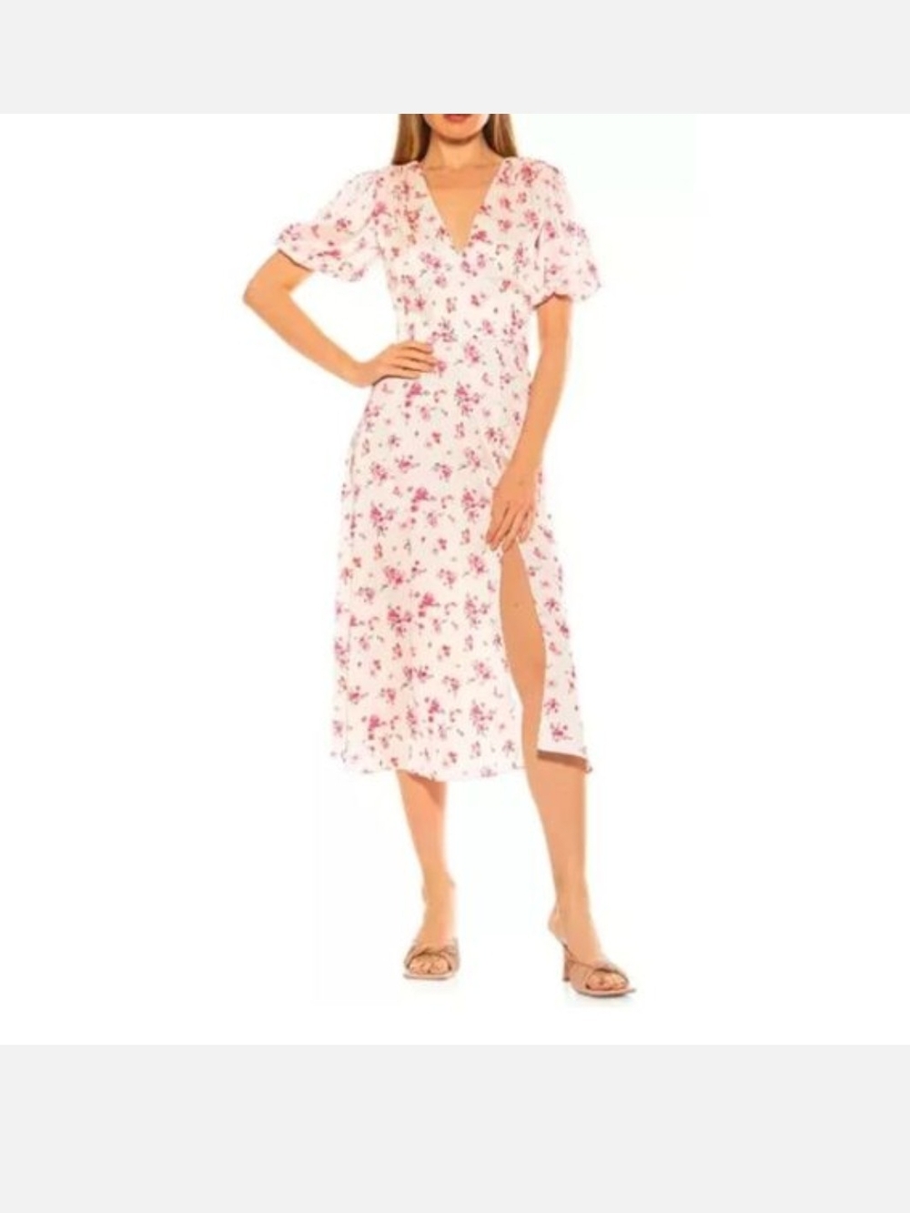 Alexia Admor Pink Floral V‑Neck Midi Dress with Side Slit